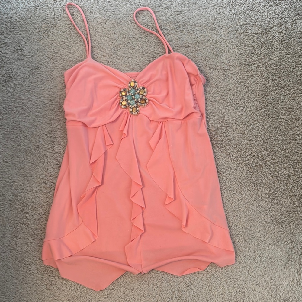 Coral Ruffled Tank  with Aqua Beaded Accent